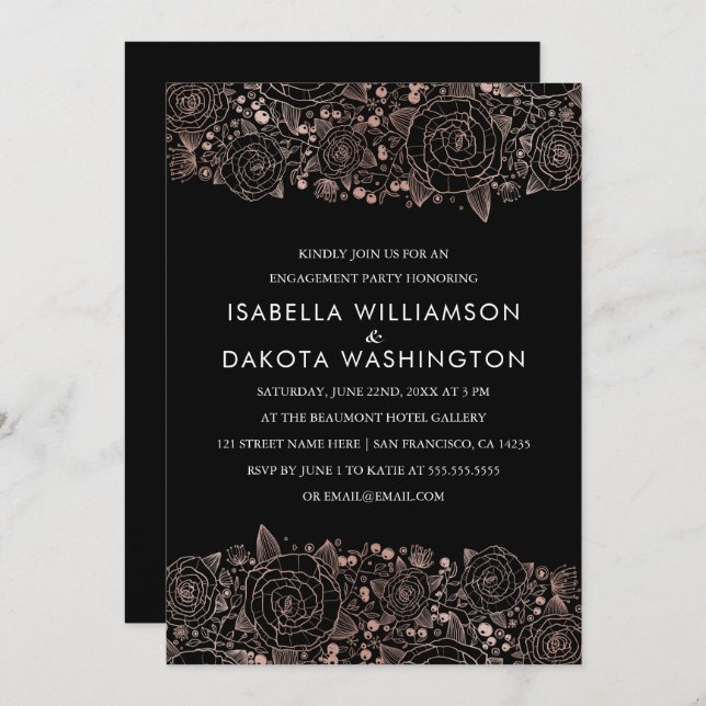 Rose Gold & Black | Chic Floral Engagement Party Invitation (Front/Back)