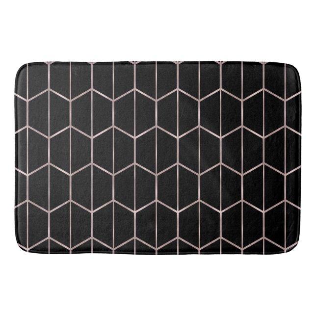 Rose Gold & Black Chic Hexagon Geometric Glam  Bath Mat (Front)