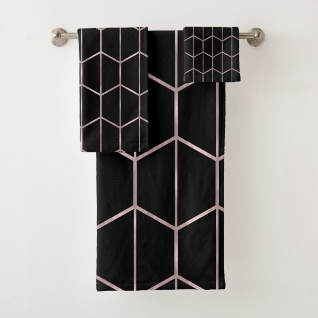 Rose Gold & Black Chic Hexagon Geometric Glam  Bath Towel Set (Insitu)