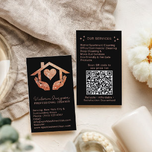 Rose Gold Black Cleaning Service Maid QR Logo Business Card
