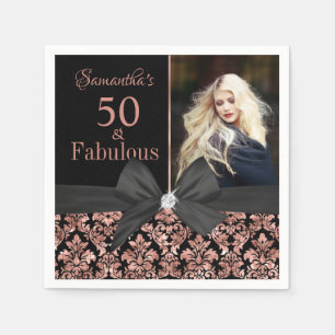 Rose Gold Black Damask 50th Birthday photo Napkin