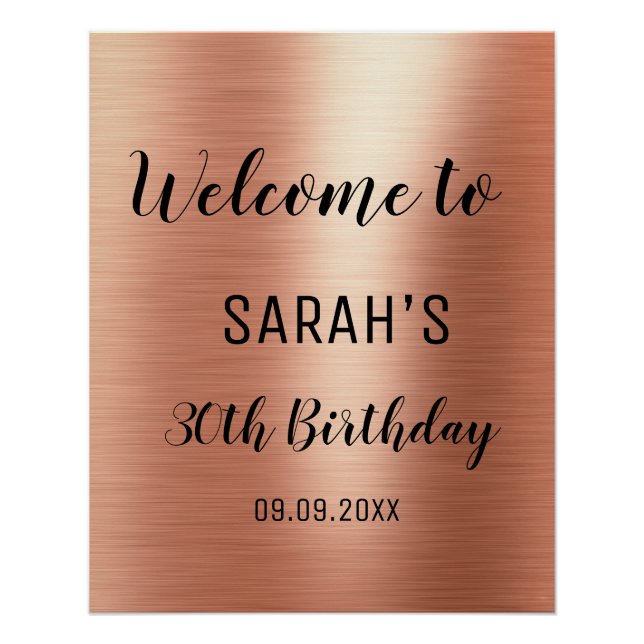 Rose Gold Black Elegant 30th Birthday Welcome Poster (Front)