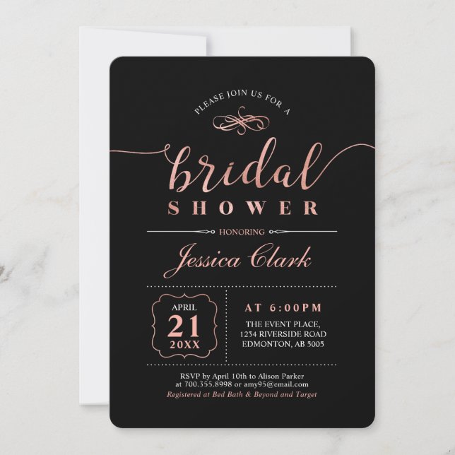Rose Gold & Black | Elegant Wedding Bridal Shower Invitation (Front)