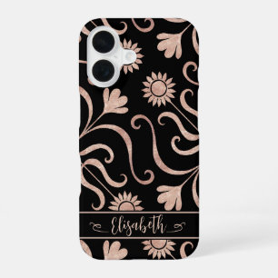Rose Gold & Black Floral Damask Sunflower Folk Art iPhone 16 Case