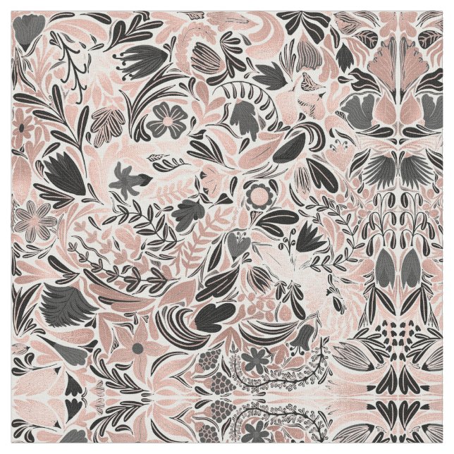 Rose Gold Black Floral Leaf Illustration Pattern Fabric (Close Up)