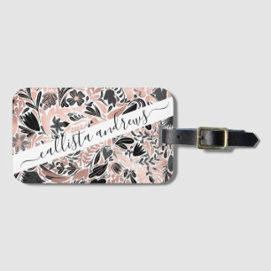 Rose Gold Black Floral Leaf Illustration Pattern Luggage Tag