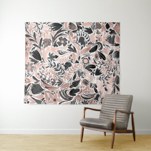 Rose Gold Black Floral Leaf Illustration Pattern Tapestry