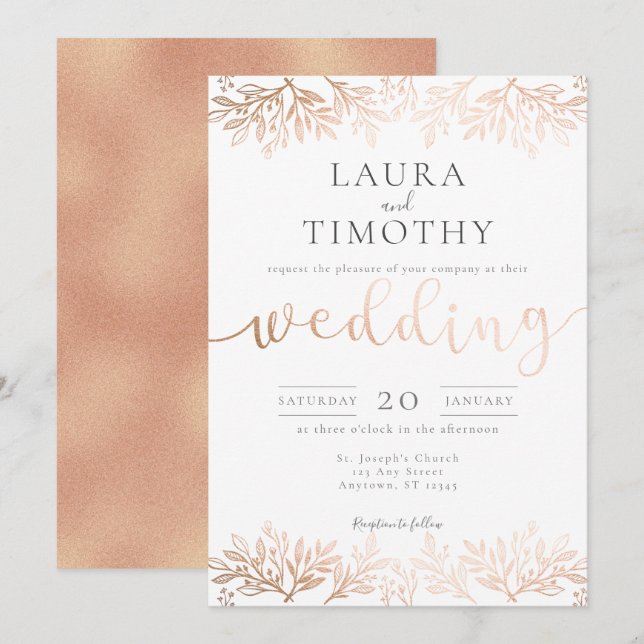Rose Gold Black Floral Rustic Typography Wedding Invitation (Front/Back)