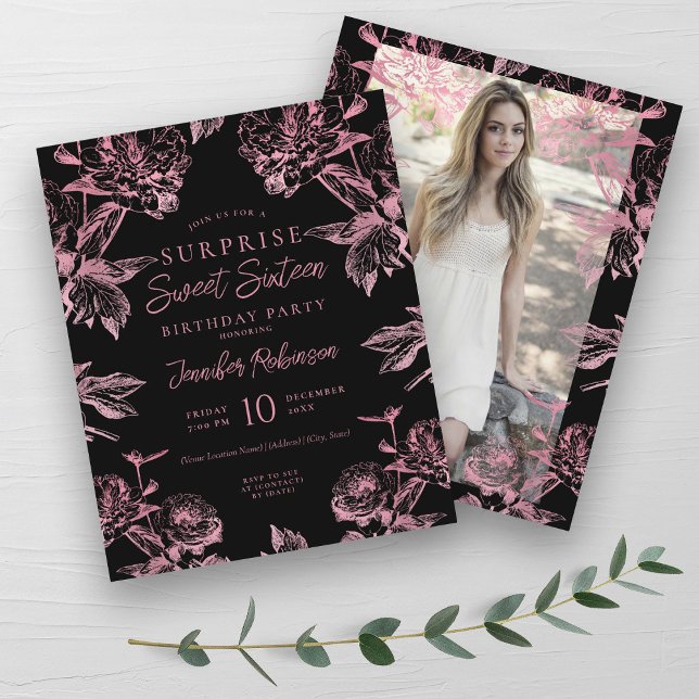 Rose Gold Black Floral SURPRISE Sweet 16 Invite (Rose Gold Black Floral SURPRISE Sweet 16 Invite)