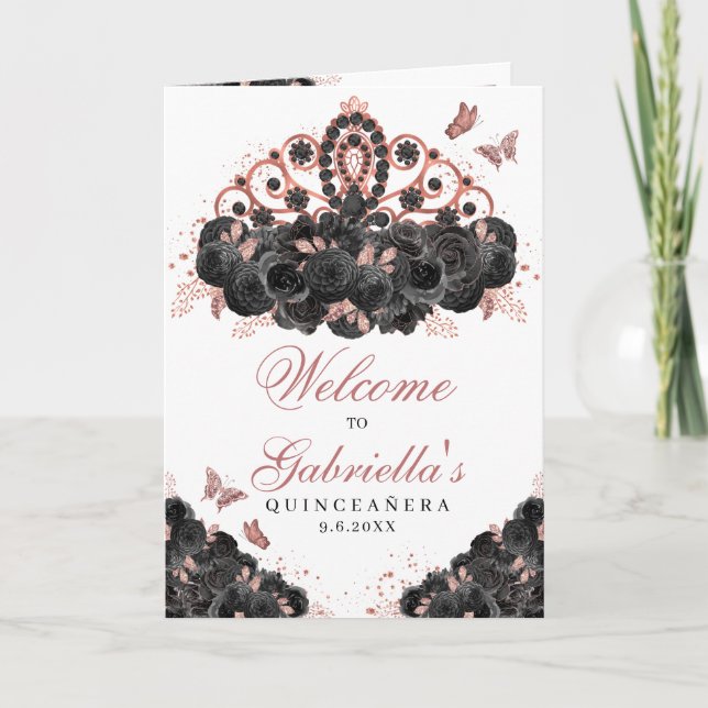 Rose Gold & Black Floral Tiara Quinceanera Program (Front)