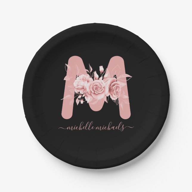 Rose Gold Black Floral Watercolor Monogram Paper Plate (Front)