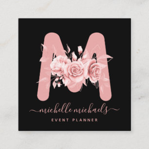 Rose Gold Black Floral Watercolor Monogram Square Business Card