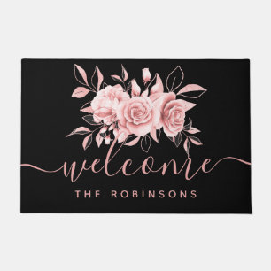 Rose Gold Black Floral Welcome Family Name  Doormat