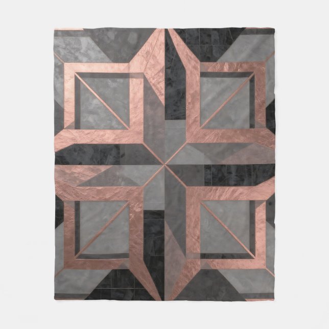 Rose Gold Black Geometric Marble Fleece Blanket (Front)