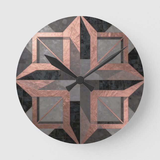Rose Gold Black Geometric Marble Round Clock (Front)