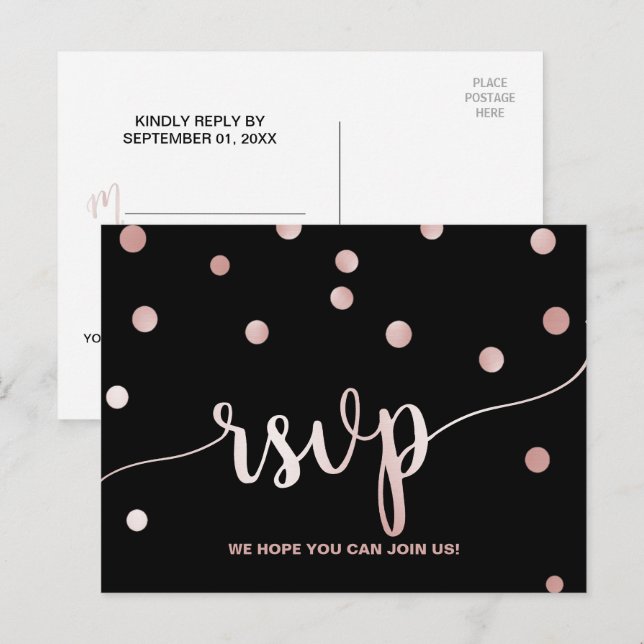 Rose Gold & Black Glam Confetti Song Request RSVP Invitation Postcard (Front/Back)