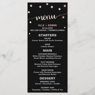 Rose Gold & Black Glam Confetti Wedding Menu Card