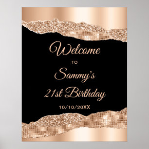 Rose Gold Black Glam Tears Birthday Welcome Poster