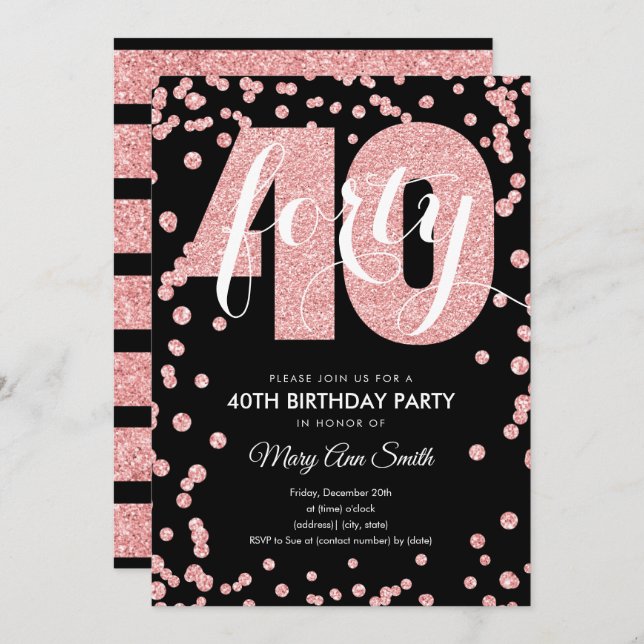 Rose Gold Black Glitter 40th Birthday Party Invitation (Front/Back)