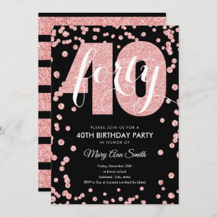Rose Gold Black Glitter 40th Birthday Party Invitation