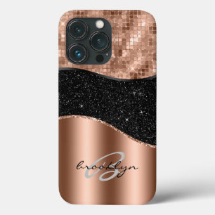 Rose Gold Black Glitter Bling Monogram Name iPhone 13 Pro Case