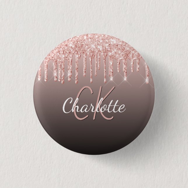 Rose gold black glitter drips custom monogram name 1 inch round button (Front)