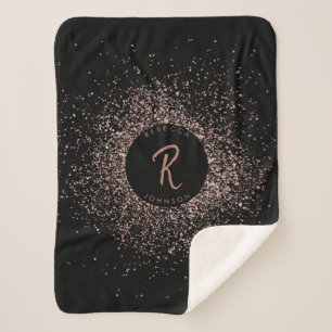 Rose Gold & Black Glitter Frame Monogram Sherpa Blanket