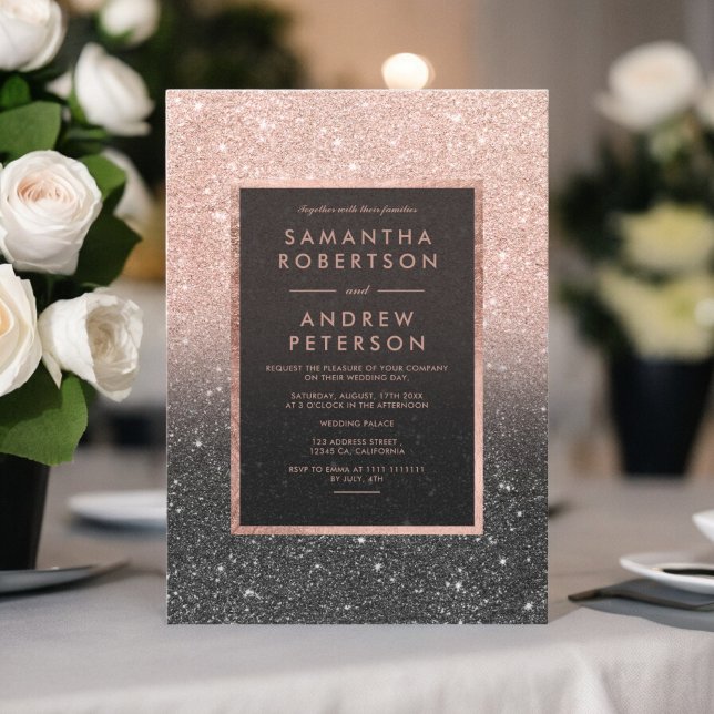Rose gold black glitter frame ombre wedding invitation (Rose gold black glitter frame ombre wedding invitation)