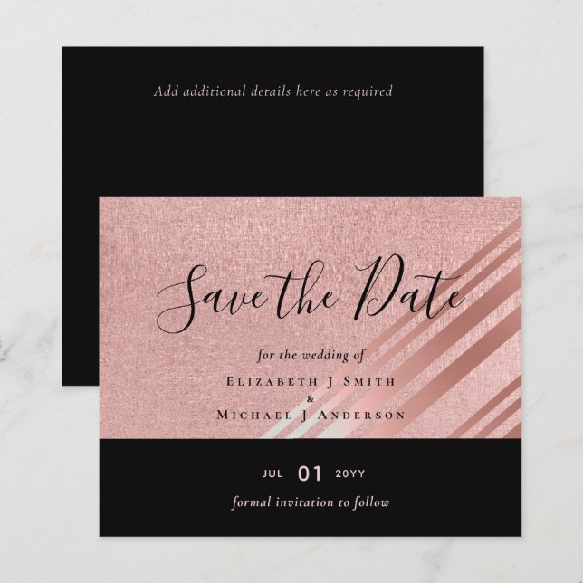 Rose Gold Black Glitter  Look WEDDING SAVE DATE (Front/Back)