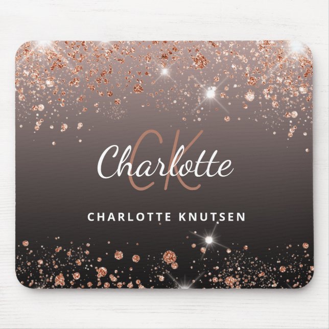 Rose gold black glitter monogram initails name mouse pad (Front)