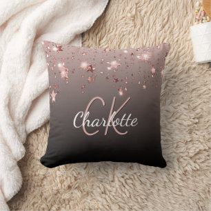Rose gold black glitter stars custom monogram name throw pillow
