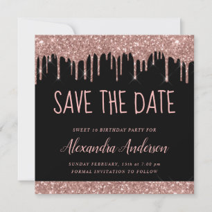 Rose Gold Black Glitter Sweet 16 Save the Date Invitation