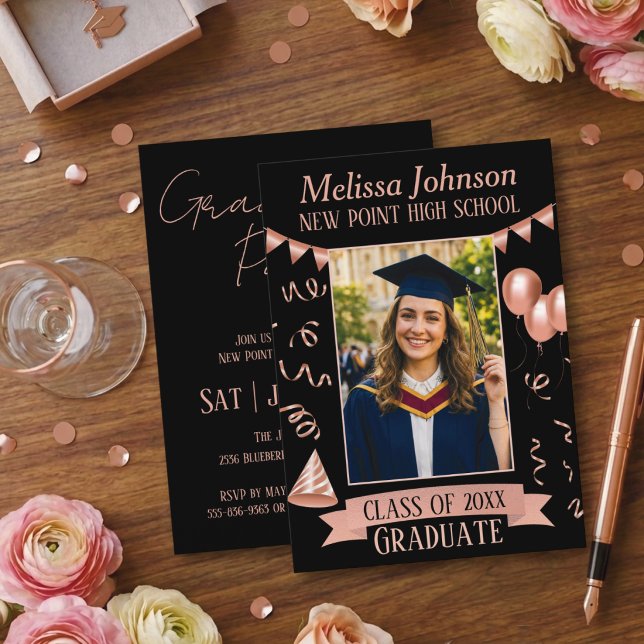 Rose Gold & Black Grad Party Photo Invitation (Creator Uploaded)