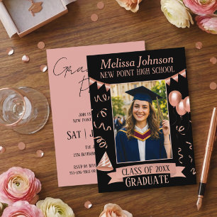 Rose Gold & Black Grad Party Photo Invitation