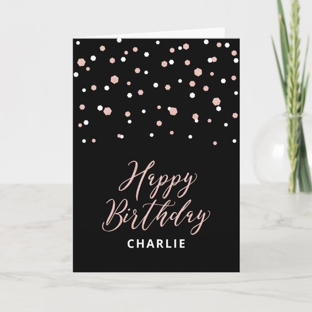 Rose Gold & Black Happy Birthday Name Greeting Car Card (Front)