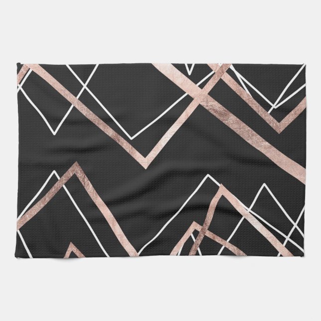 Rose Gold Black Linear Triangle Abstract Pattern Kitchen Towel (Horizontal)