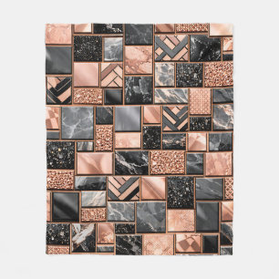 Rose Gold Black Marble Mosaic Fleece Blanket