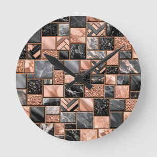 Rose Gold Black Marble Mosaic Round Clock