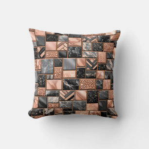 Rose Gold Black Marble Mosaic Throw Pillow