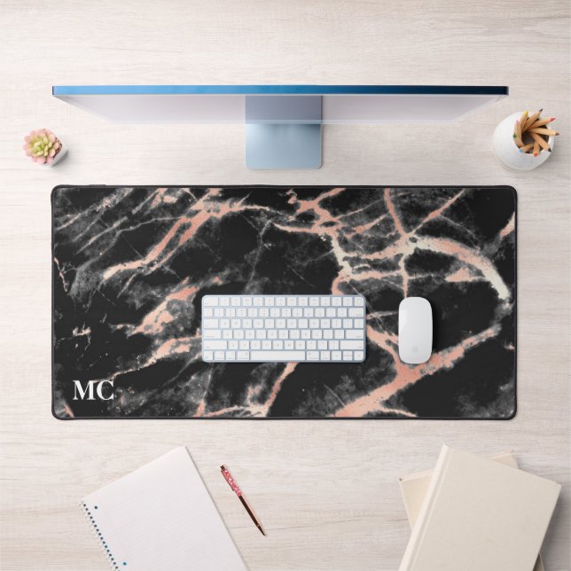 Rose Gold & Black Marble With Monogram Desk Mat (Office 1)