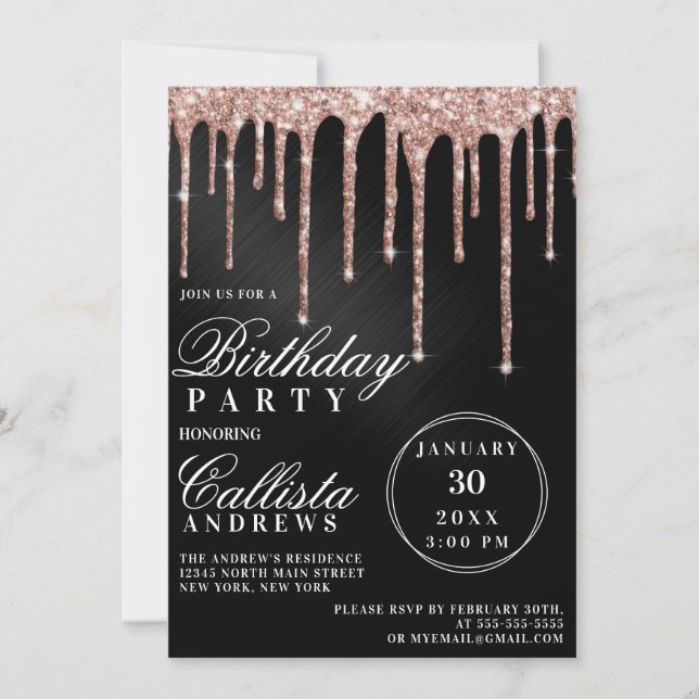Rose Gold Black Metallic Glitter Drips Birthday Invitation (Front)