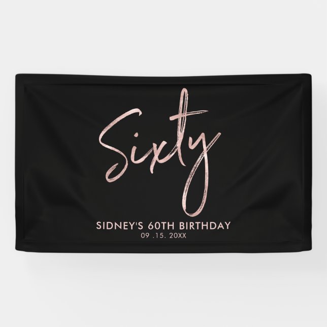 Rose Gold & Black Modern 60th Birthday Party Banner (Horizontal)