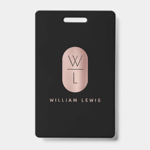Rose Gold & Black Monogram Modern Minimalist  Badge