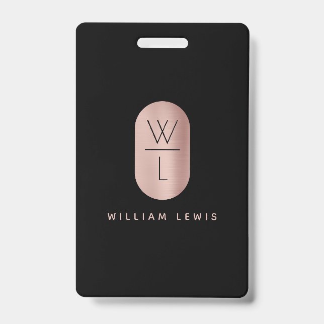 Rose Gold & Black Monogram Modern Minimalist  Badge (Front)