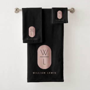 Rose Gold & Black Monogram Modern Minimalist Bath Towel Set