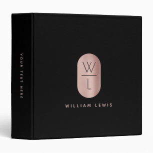 Rose Gold & Black Monogram Modern Minimalist  Binder