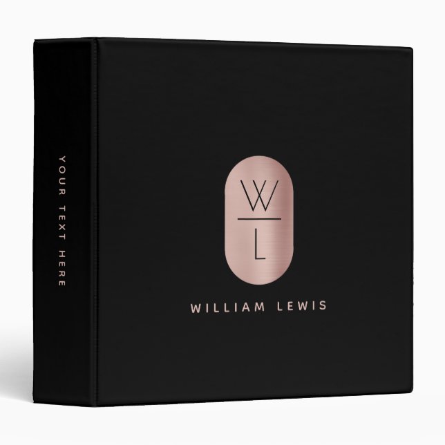 Rose Gold & Black Monogram Modern Minimalist  Binder (Front/Spine)