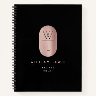 Rose Gold Black Monogram Modern Minimalist Recipe Notebook