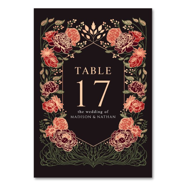 Rose Gold Black Red Enchanted Garden Wedding Table Number (Front)