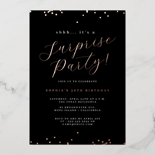 Rose Gold Black Script Confetti Surprise Party (Front)
